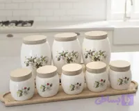 ست پاسماوری و جاادویه سرامیکی گلدار ۸ عددی نوع۲ با سینی چوبی