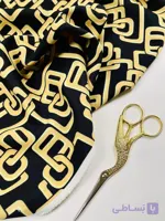 پارچه کرپ کش چاپی ترک مشکی اُکر طرح هندسی Printed Stretch Crepe – Noir Ochre Links