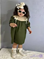 پیراهن دخترانه لینن سبز کد 041118