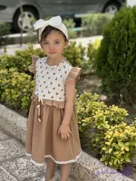 پیراهن موسلین دخترانه کرم خاکی نخ پنبه 2 تا 9 سال