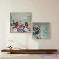 تابلو بوم میکس مدیا گل و جوجه در ابعاد ۱۰۰*۱۰۰
