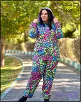 32402 - ست هودی و شلوار کرک دار پلنگی رنگارنگ