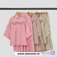 ست شومیز و شلوار دخترانه تابستانی بگ چین‌دار با گلدوزی گل