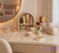 ست میز آرایش کرم با شلف و جا دستمالی