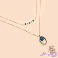 گردنبند نقره‌ای بیضی با سنگ آبی دو ردیفه