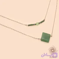 گردنبند نقره‌ای سنگ مربعی سبز دو ردیفه