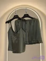 تاپ و شلوارک ساتن چین دار رنگ سبز ماچا