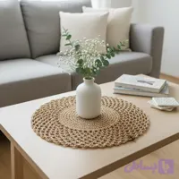 رومیزی گرد رافیا حصیری دستبافت نسکافه ای چوبی قطر ۳۵