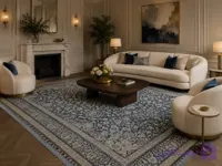 فرش ماشینی فلیسا ۱۲۰۰ شانه تراکم ۳۶۰۰ طرح افشان سرمه‌ای کرم ۶ متری – کد 80548