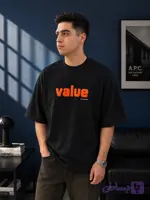 تیشرت مردانه لش باکسی آستین سه ربع پارچه ماکان گرم بالا چاپ پفکی value