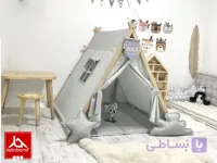 چادر بازی کودک طرح کلبه مدل ستاره طوسی (زمینه خاکستری) | Play House