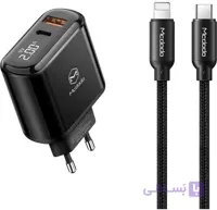 شارژر دیواری مک دودو مدل CH-7171 با کابل تبدیل لایتنینگMcdodo 20W PD+QC EU Charger with USB-C to Lightning Cable LCH-7171 Thumbnail Thumbnail Product Information Description: The Mcdodo 20W PD+QC EU LCH-7171 charger is a compact and efficient charging solution designed for European outlets. It features both USB-C and USB-A ports, allowing you to charge multiple devices simultaneously. The charger supports various fast charging protocols, including Power Delivery (PD) 3.0 and Quick Charge (QC) 3.0, ensuring broad compatibility with different devices. Its sleek design, along with a digital display showing real-time voltage and current, enhances user convenience and safety. The included USB-C to Lightning cable enables fast charging for compatible Apple devices. Features: Dual ports: It features one USB-A port and one USB-C port for simultaneous charging. Fast charging support: Provides up to 20W of power, suitable for smartphones, tablets and other compatible devices. Digital display: The integrated display shows alternating current and voltage to monitor the charging status. Safety protection: Built-in safeguards against overcurrent, overvoltage and short circuit. Universal compatibility: Supports multiple fast charging protocols, including PD 3.0 and QC 3.0, for a wide range of devices. Cable included: Comes with a USB-C to Lightning cable, facilitating fast charging of Apple devices. Technical specifications: Material: Fire-resistant PC Dimensions: Approximately 84.6 x 51 x 26 mm Weight: Approximately 56 grams Power: AC 100-240V ~ 50/60Hz 0.5A Max USB-C output: 5V ⎓3A, 9V ⎓2.22A, 12V ⎓1.67A USB-A output: 5V ⎓3A, 9V ⎓2A, 12V ⎓1.5A Total output: 20 watts maximum Mcdodo 20W PD+QC EU Charger with USB-C to Lightning Cable LCH-7171