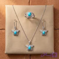نیم ست نقره زنانه طرح پروانه با نگین فیروزه نیشابور کد ۲۳۴