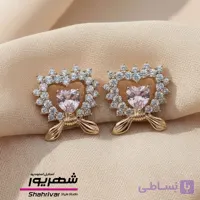 گوشواره زنانه میخی ژوپینگ قلب نگین سواروسکی صورتی و پاپیون