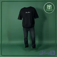 ست شلوار جین راسته سرمه‌ای تیره + تیشرت نخ و پنبه مشکی | استایل مینیمال مردانه