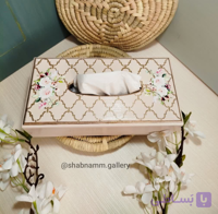 جا دستمال کاغذی چوبی دست‌ساز دکوپاژ و پتینه طرح شبکه‌ای مراکشی