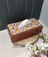جا دستمال‌کاغذی چوبی دست‌ساز دکوپاژ و پتینه طرح ترنج سنتی
