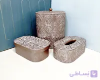 ست سطل و جا دستمال‌کاغذی چوبی دست‌ساز منبت‌کاری و پتینه طرح نقوش برجسته اسلیمی و داماسک
