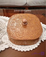 شکلات‌خوری چوبی دست‌ساز منبت‌کاری و پتینه طرح نقوش برجسته اسلیمی