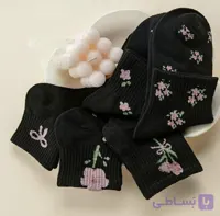 جوراب مچی زنانه طرح گل و پاپیون تم مشکی 🌸🎀