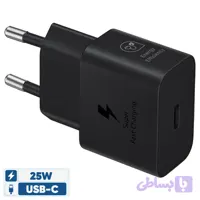 شارژر دیواری 25 وات سامسونگ مدل EP-T2510 با اتصال به پریز دوشاخه (استاندارد ایران) و تکنولوژی شارژ سریع USB PD 3.0، دارای یک عدد درگاه خروجی USB Type-C