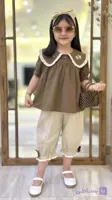 ست شومیز شلوارک طرح عروسک (شومیز کرم با شلوارک قهوه ای)