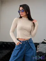کراپ یقه اسکی زنانه آستین فینگری پنبه کبریتی