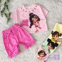ست کراپ و شلوارک دخترانه نخی طرح کارتونی سایز 6 ماه تا 5 سال