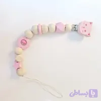 بند پستونک سیلیکونی و چوبی نوزادی دخترانه با گیره چوبی و نخ ضخیم