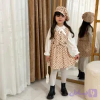 ست چهار تکه دخترانه وست شومیز دامن و کلاه طرح دار کبریتی رنگ کرم