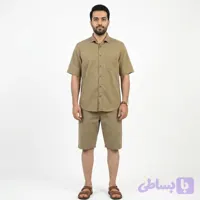 ست پیراهن و شلوارک مردانه کتان نسکافه ای