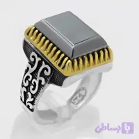 انگشتر مردانه نقره دور طلایی با سنگ حدید صینی