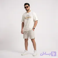 ست تیشرت و شلوارک مردانه کالیفورنیا جنس پنبه و کتان رنگ کرم