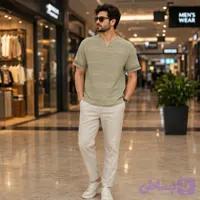 تیشرت مردانه یقه کوبایی مراکشی آستین پاکتی سایز بزرگ رنگ سبز ماچا کرم سفید مشکی