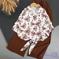 ست شومیز گرهی و شلوار لینن دخترانه مدل پرستو