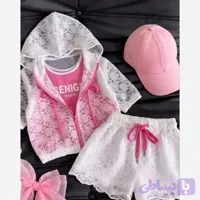 ست سه تکه دخترانه تاپ رویه تور و شلوارک مناسب 2 تا 9 سال