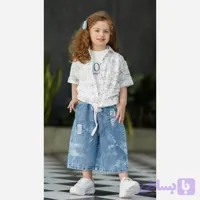 ست سه تکه شومیز تاپ و شلوارک جین دخترانه مناسب 1 تا 6 سال