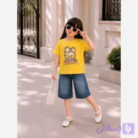 ست تیشرت و شلوارک جین دخترانه مروارید دوزی سایز 45 و 50