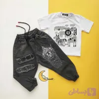 شلوار جین بچگانه گلدوزی شده دمپا کش رنگ دودی مناسب 5 تا 16 سال