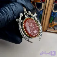 گردنبند مردانه پلاک ذوالفقار نقره روس و سنگ عقیق سرخ با زنجیر استیل