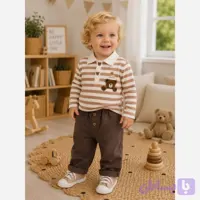 ست بلوز شلوار نوزادی پسرانه راه راه تدی کلاهدار
