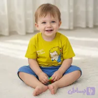تیشرت شورت نوزادی پسرانه ست تابستانه طرح خرس ماهیگیر جنس پنبه و کتان