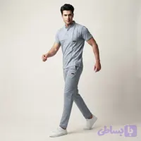 ست پولوشرت و شلوار مردانه مدل یقه فرنچ دو دکمه رنگ آبی یخی نخ پنبه ملانژ