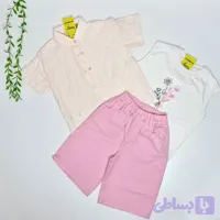ست سه تکه دخترانه شومیز تاپ و شلوارک کتان شاین دار رنگ صورتی سایز 3 تا 6 سال