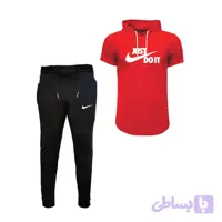 ست تی شرت و شلوار مردانه مدل jus پنبه یکرو نخ آستین کوتاه کلاه دار