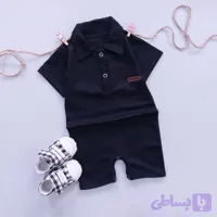 رامپر مشکی نوزادی پسرانه یقه دار سرهمی نخی پنبه نرم سایز 1 تا 18 ماه