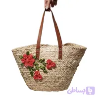 زنبیل حصیری گلدار دسته چرم