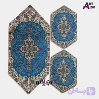 ترمه رومیزی سه تکه یزد رنگ آبی درباری طرح شاه عباسی کد: 1654