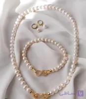 ست گردنبند و گوشواره و دستبند  مروارید پرورشی سایز 8میل