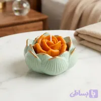 جاشمعی نیلوفری سبز یشمی و گل نارنجی | شات شمع گل نیلوفر با طراحی فانتزی و لبه طلایی